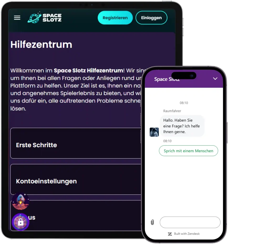 Space Slotz Casino Hilfezentrum und Live Chat auf Tablet und Smartphone