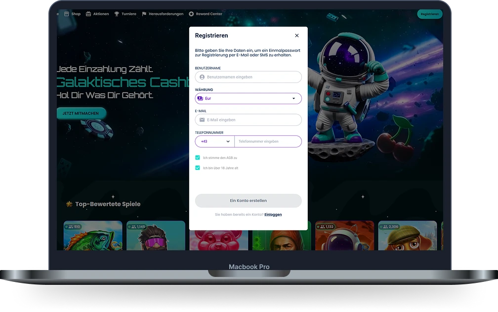 Space Slotz Casino Registrierung auf dem Desktop mit Anmeldeformular