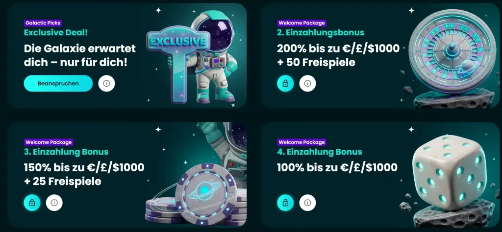 Space Slotz Casino Welcome Package mit Einzahlungsboni und Freispielen